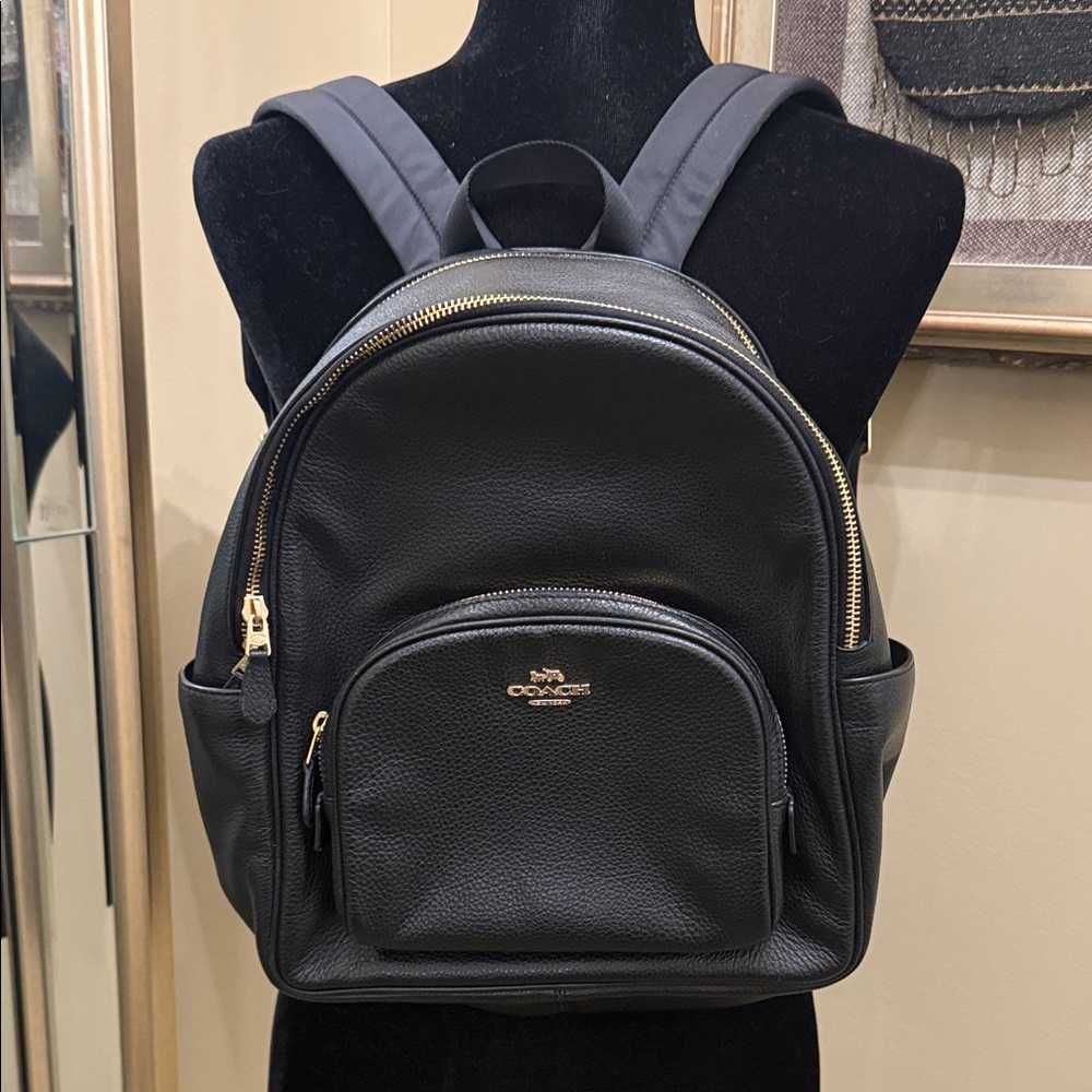 Coach Black Leather Backpack with Gold Accents